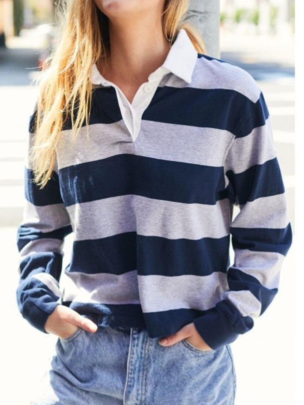 Women’s Brandi Melville John Galt Striped Navy Gray Rugby Shirt Size: 14